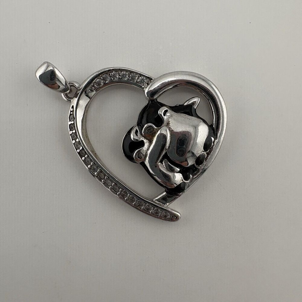 Mother & Child Hugging Penguin Heart Pendant 925 Sterling Silver Clear Stones 1”